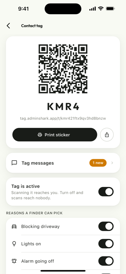 The Contact tag screen in AdminShark, showing the tag's QR code, its tag.adminshark.app link, a Print sticker button and a switch for which reasons a finder can pick